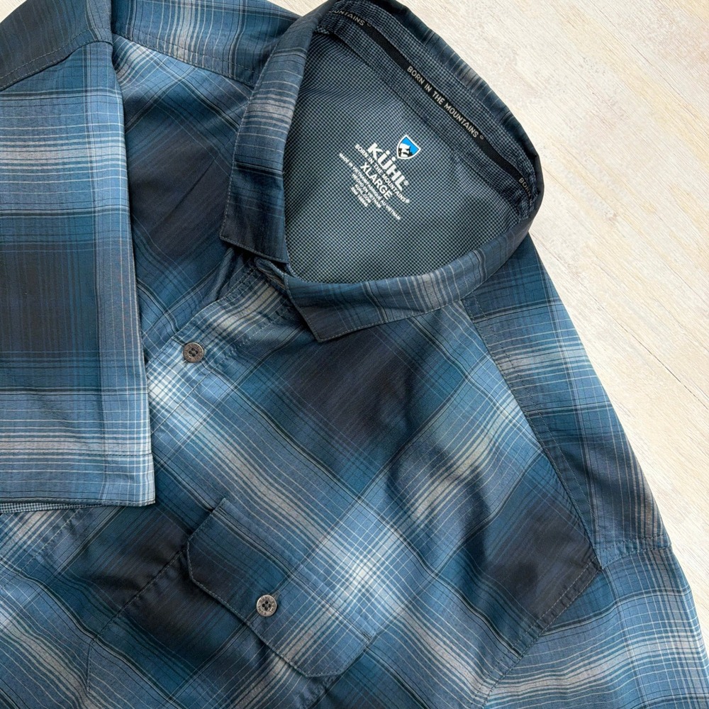 KUHL Button Down Shirt Response Plaid Short Sleeve Blue Grey Mens XL